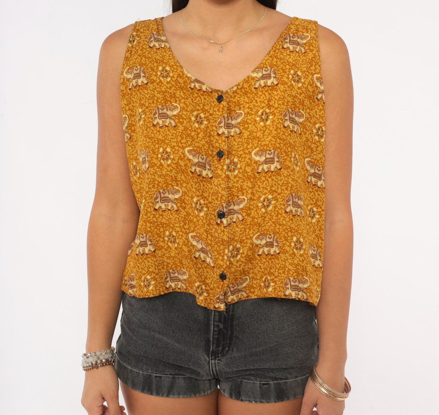 Y2K Dream Island Elephant Print Tank Top Mustard Gold Large L