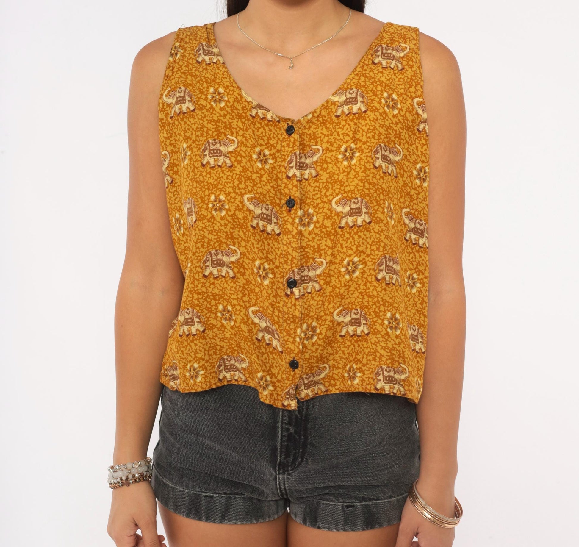 Y2K Dream Island Elephant Print Tank Top Mustard Gold Large L