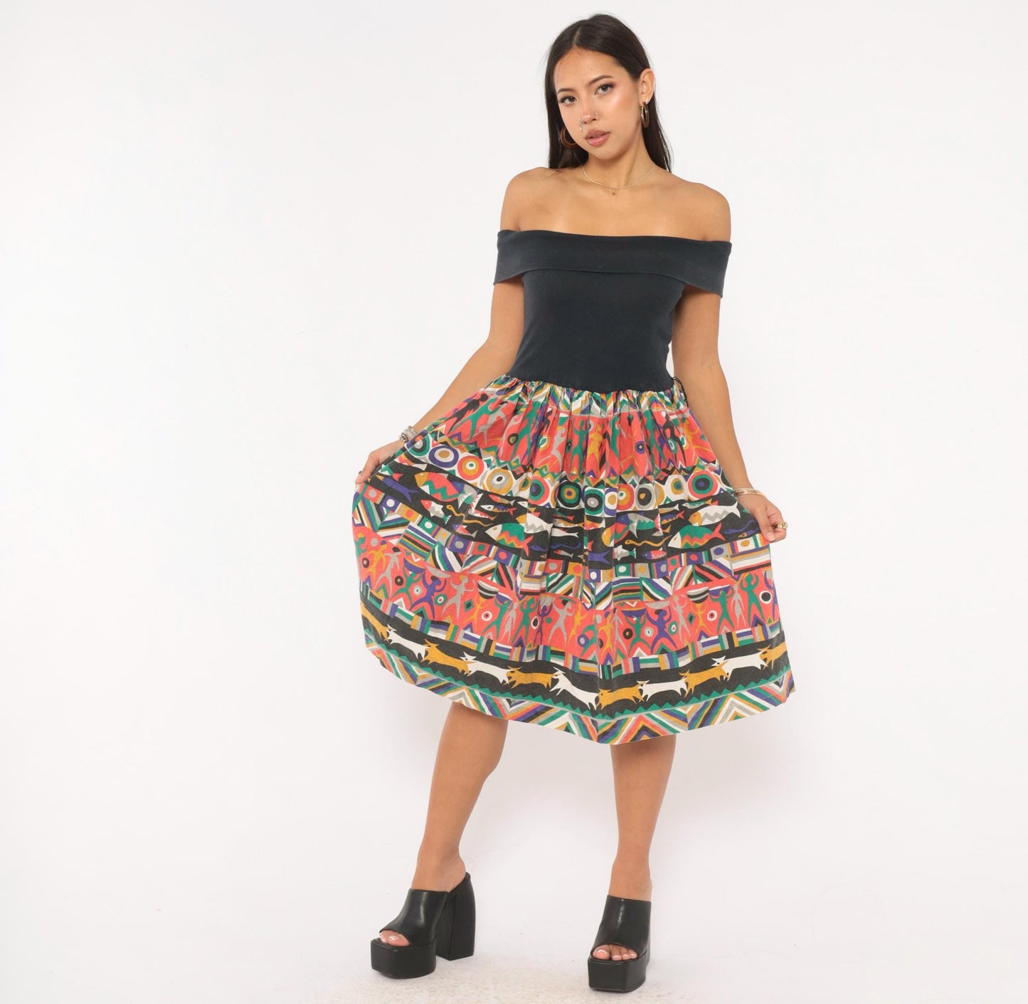 90s Victoria Off-Shoulder Dress Black Multicolor Fish Print Knee-Length Small S