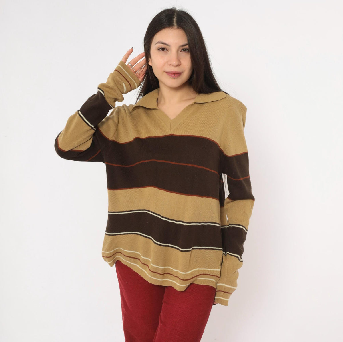 80s Alfie California Striped Polo Sweater Brown Tan Rust Medium