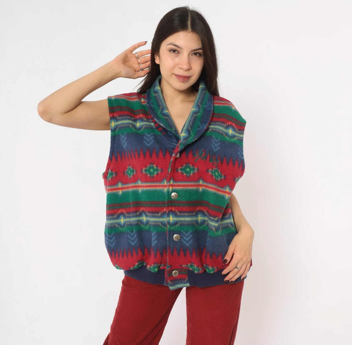 90s Emi Southwestern Fleece Vest Red Blue Geometric Shawl Collar Large L