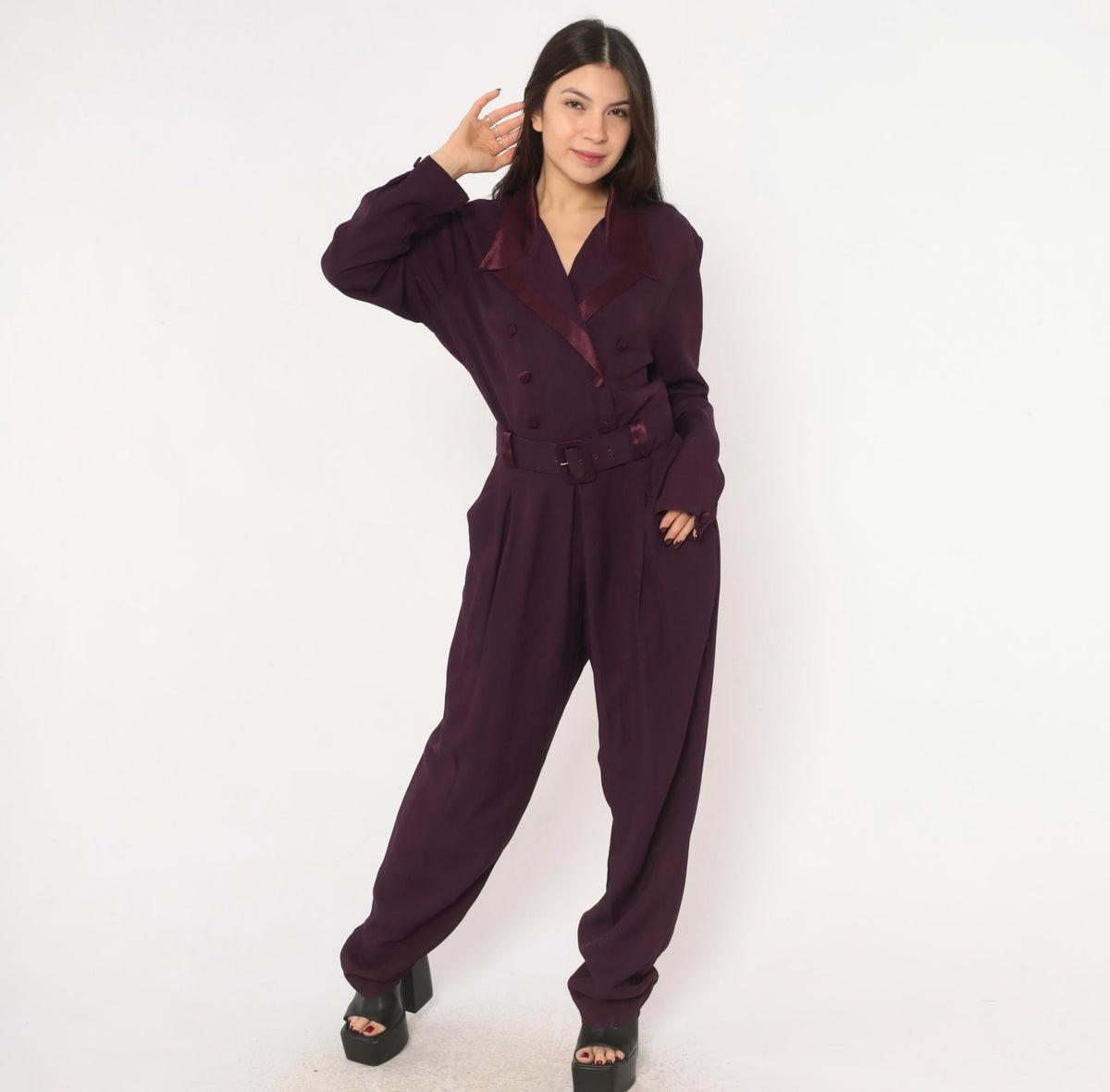 80s Studio I Plum Jumpsuit Double Breasted Satin Collar Belted Small