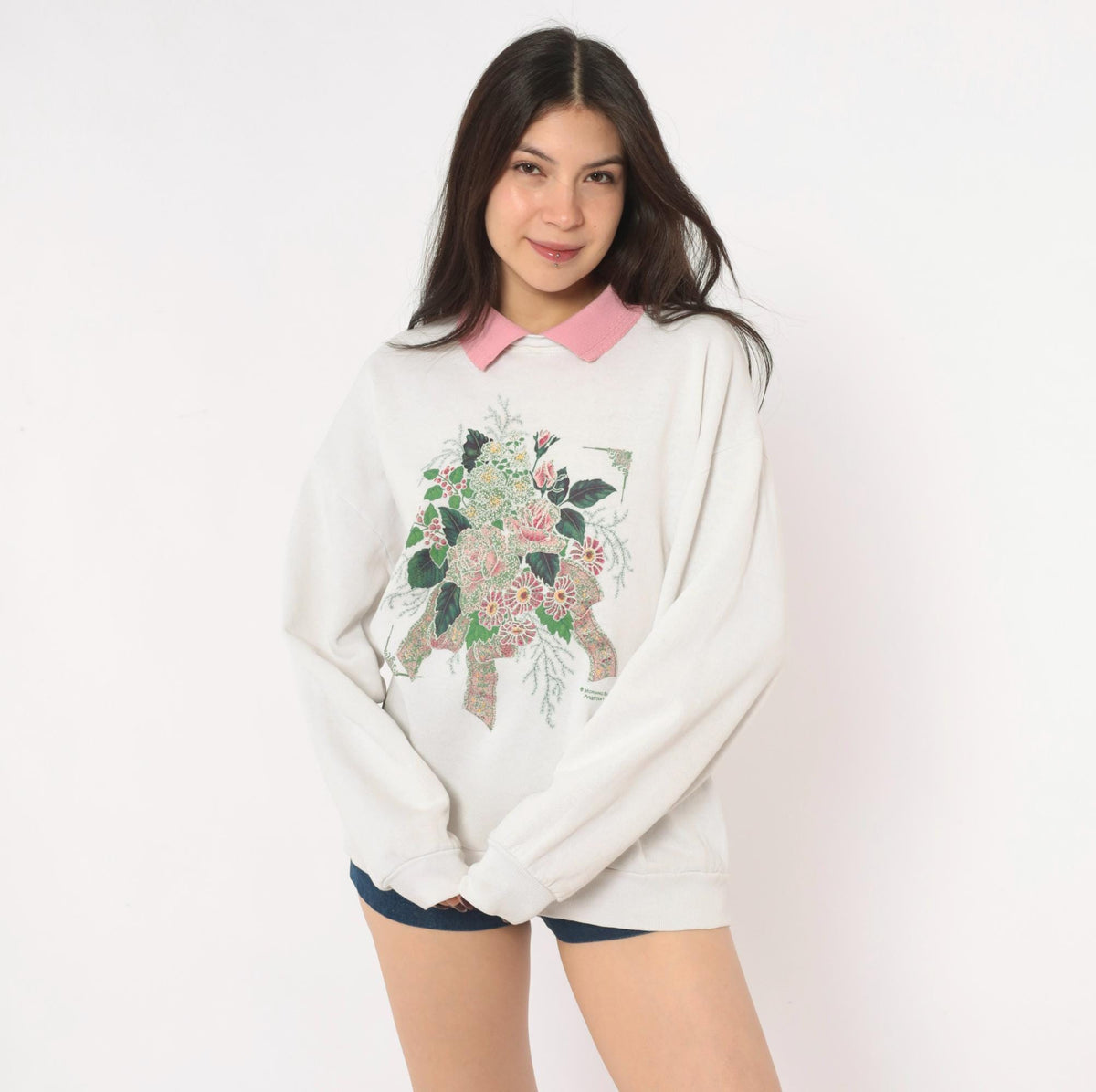 90s Morning Sun Floral Sweatshirt Pink Roses Off White Raglan Large L
