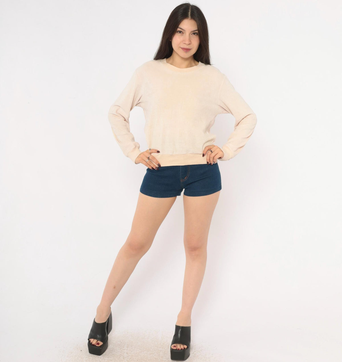 80s St Martine Velour Sweatshirt Cream Blush Pink Ribbed Crew Pullover Medium