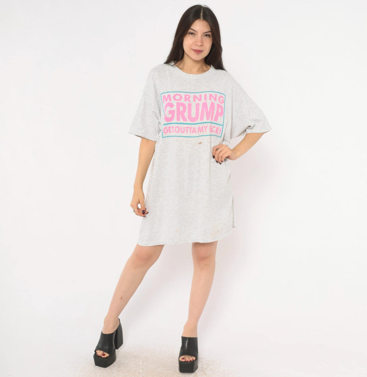 90s Cigli Slogan T-Shirt Dress Grey Heather Cotton Pink Teal Print Small