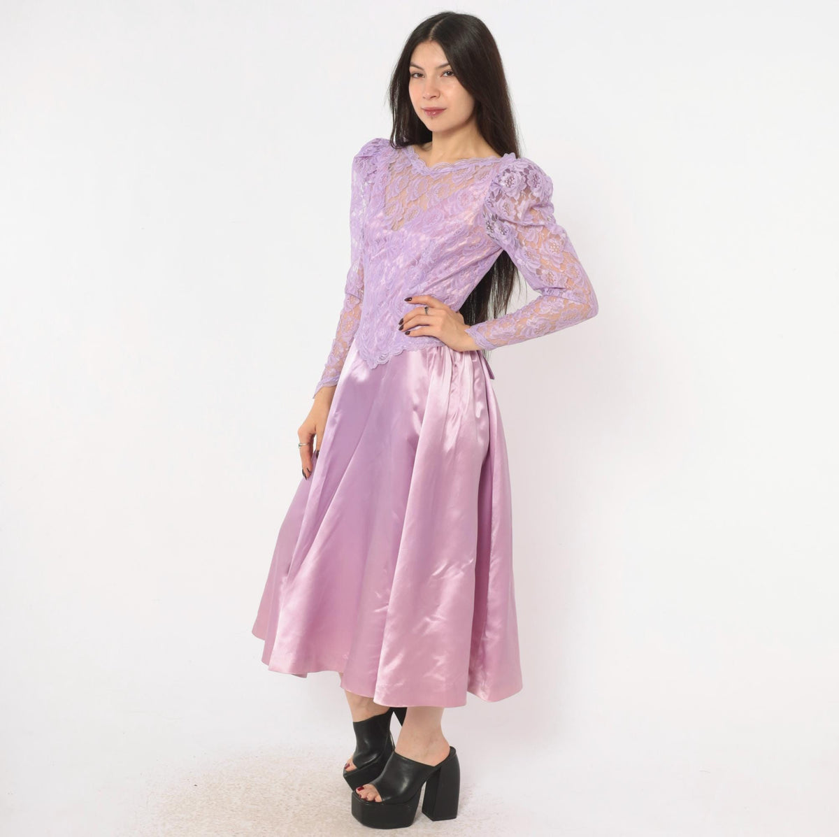 80s Lavender Lace Midi Dress Puff Sleeve Satin Purple V Neck Small