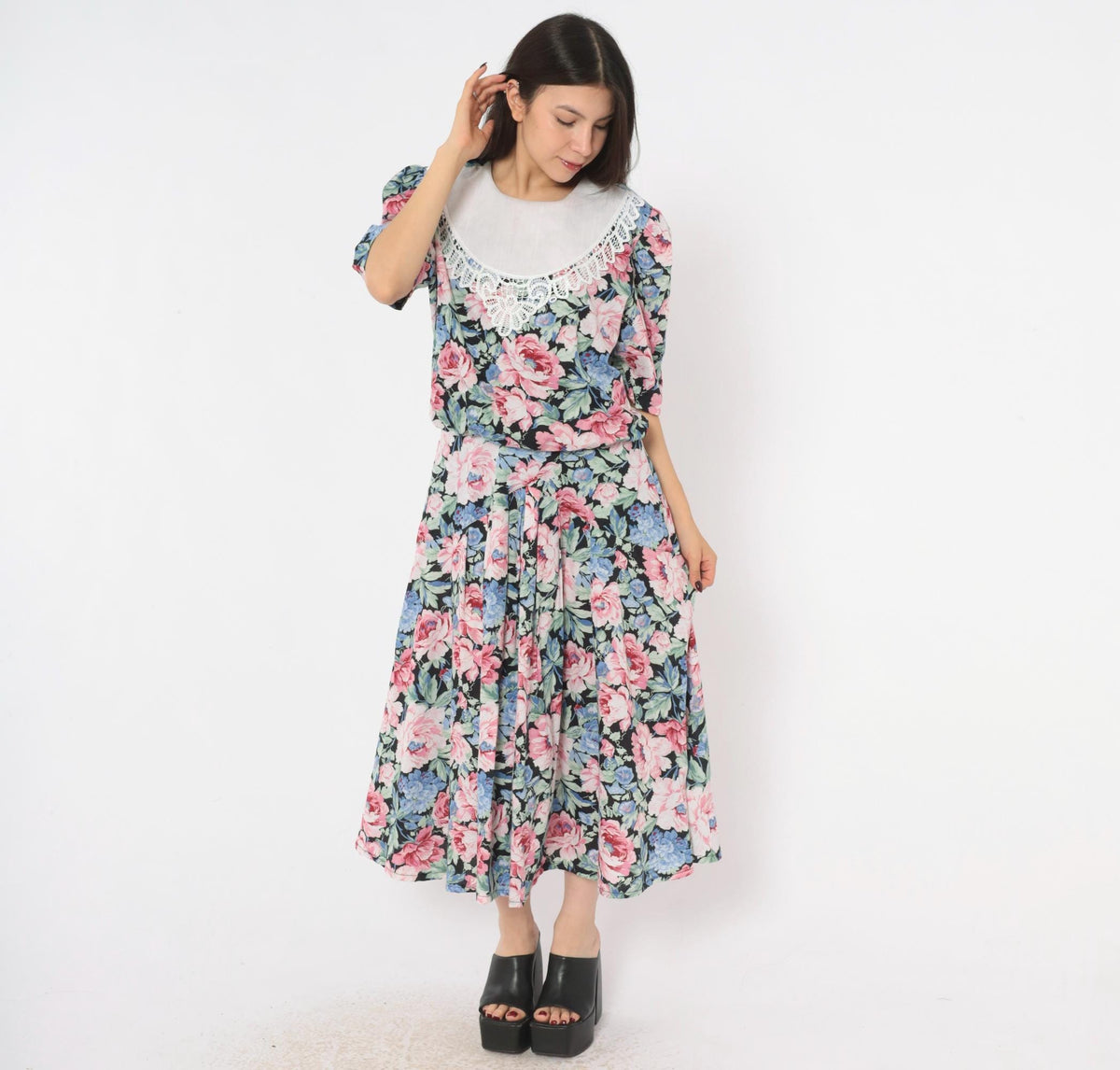 80s Floral Midi Dress Black Pink Rose Lace Collar Puff Sleeve Drop Waist Large L