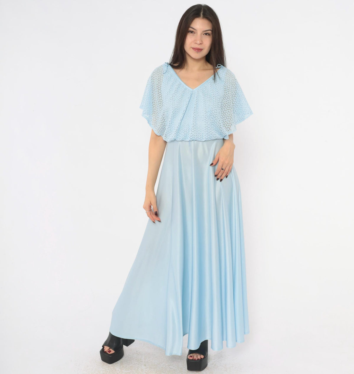 70s Light Blue Maxi Dress Pointelle Knit Capelet V Neck Flutter Sleeve Small