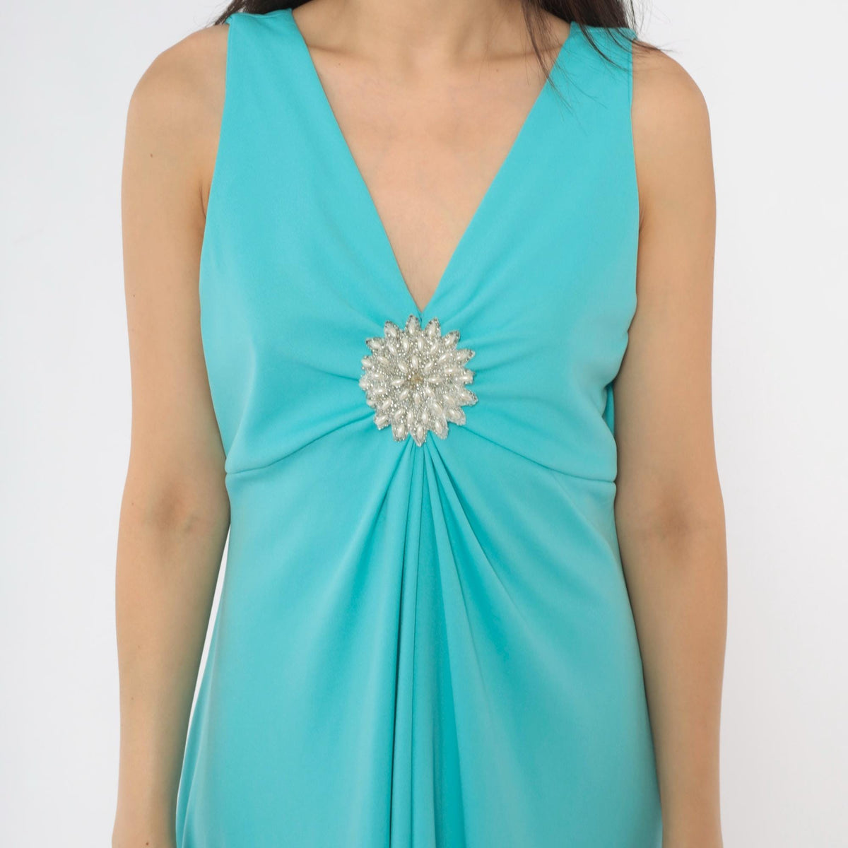 70s Turquoise Maxi Dress Deep V Neck Empire Waist Rhinestone Brooch Large L