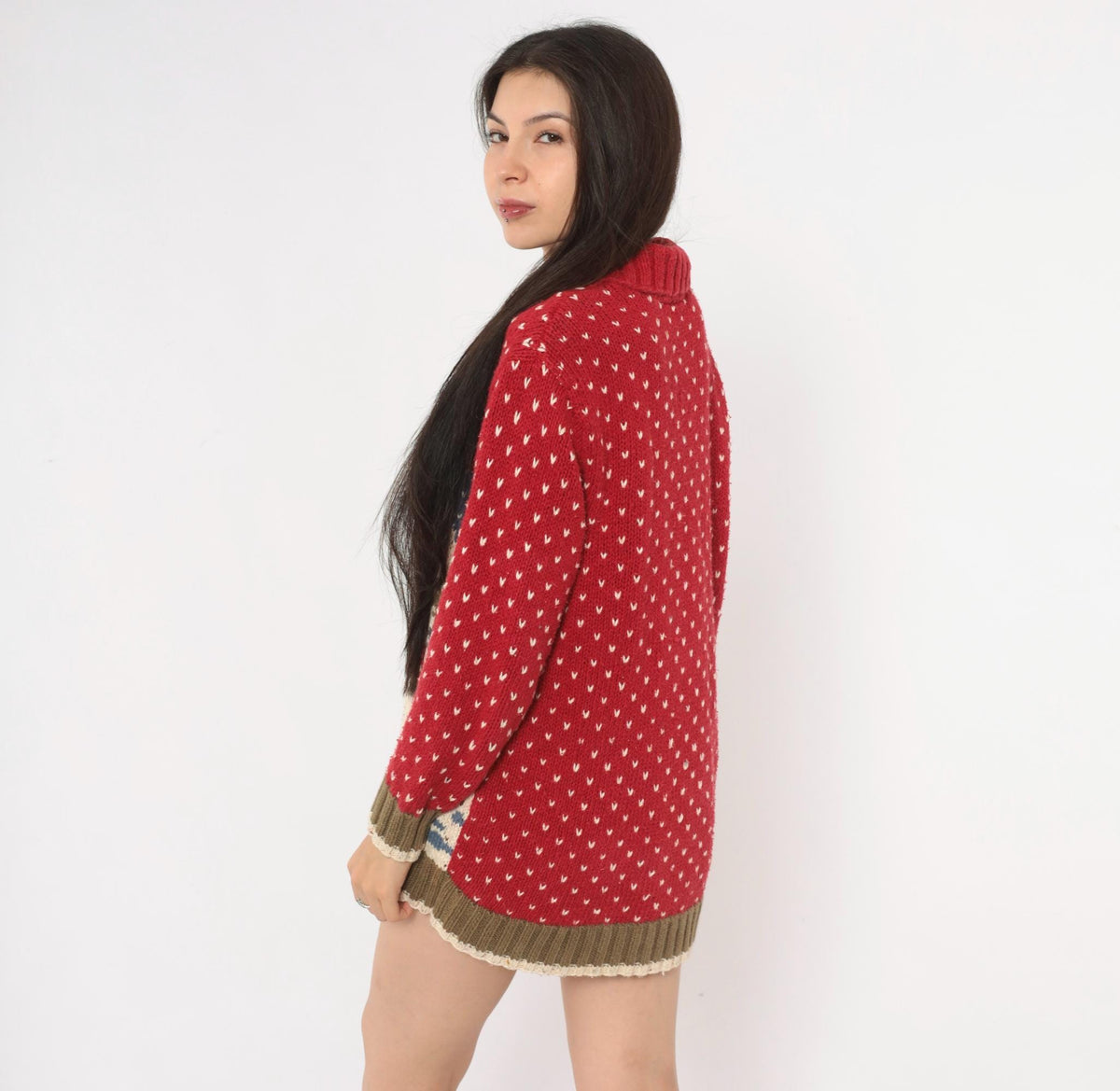 90s Liz Claiborne Hand Knit Reindeer Sweater Red Shawl Collar Small