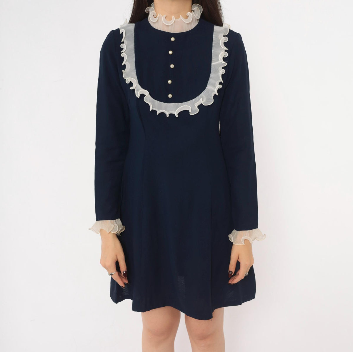 60s Navy Babydoll Dress White Ruffle Bib Mock Neck Pearl Buttons Small