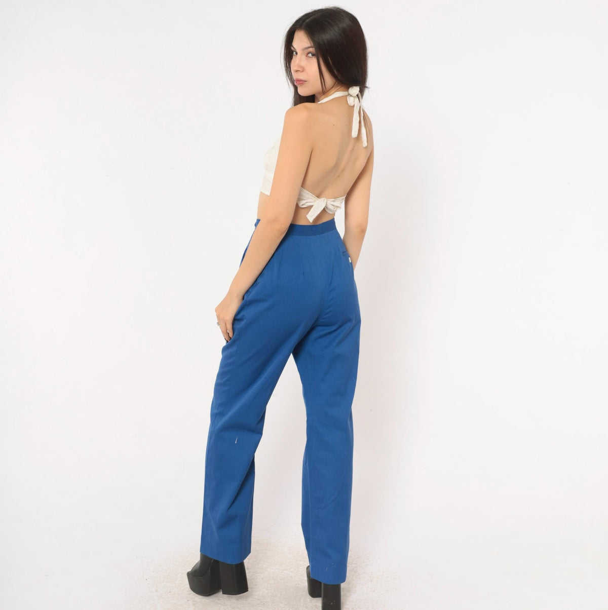 70s Evan-Picone Cobalt High-Waist Pleated Trousers Straight Leg Small S