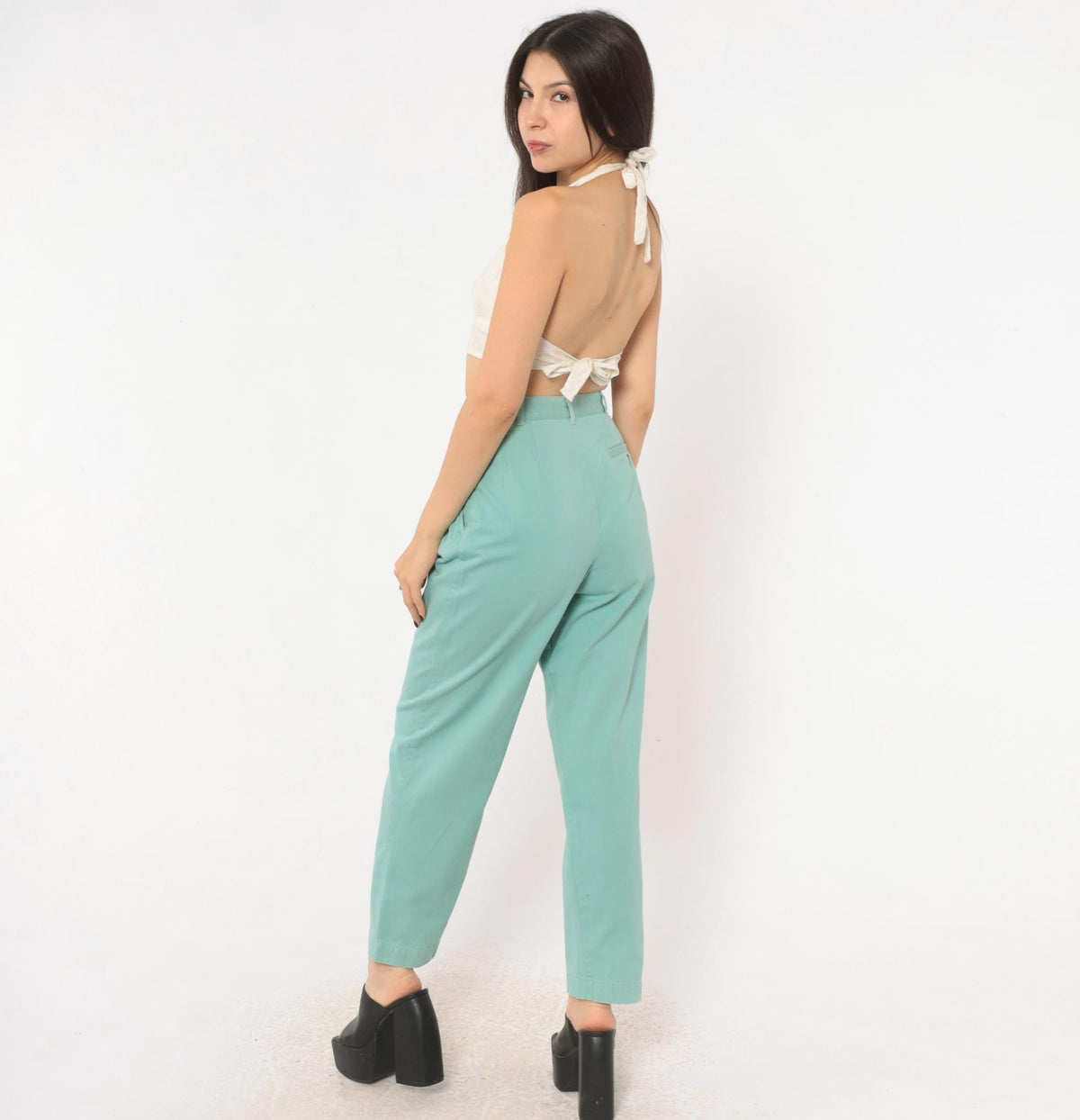 80s Petite Sophisticate Baby Blue Cotton High-Waist Pleated Tapered Trousers Extra Small