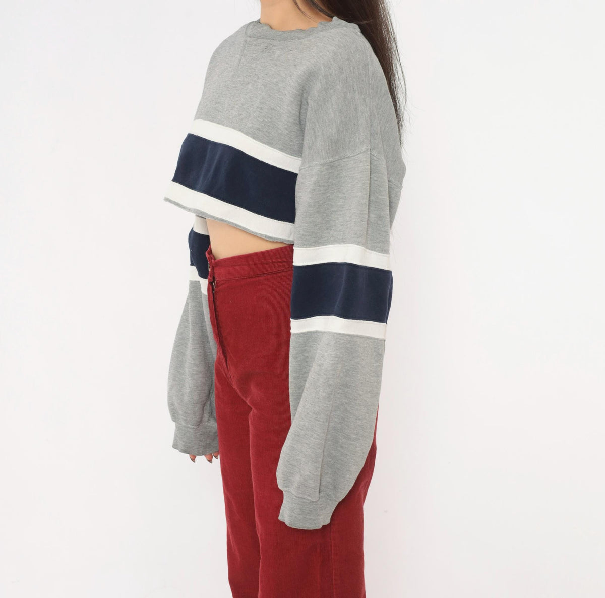 90s Decker Sportswear Cropped Sweatshirt Grey Navy Stripe Boat Neck Small