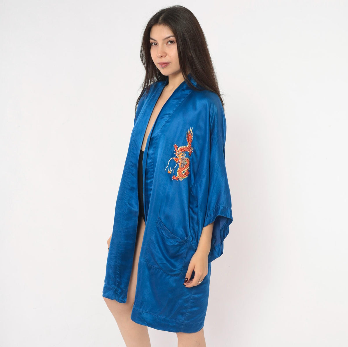 90s Golden Deer Silk Kimono Robe Cobalt Blue Dragon Embroidered Medium
