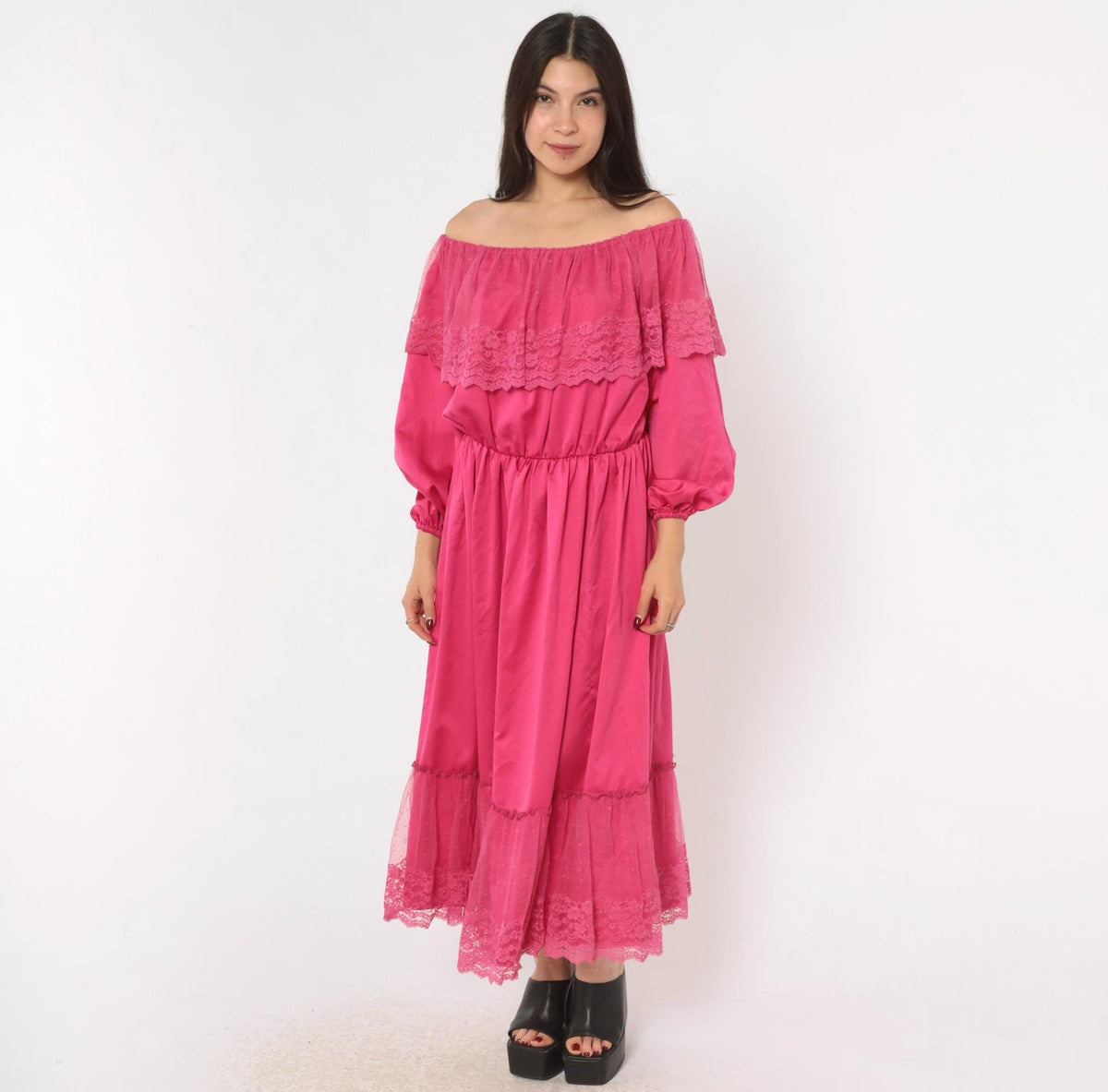 80s Hot Pink Off-Shoulder Midi Dress Lace Ruffle Balloon Sleeve Medium M