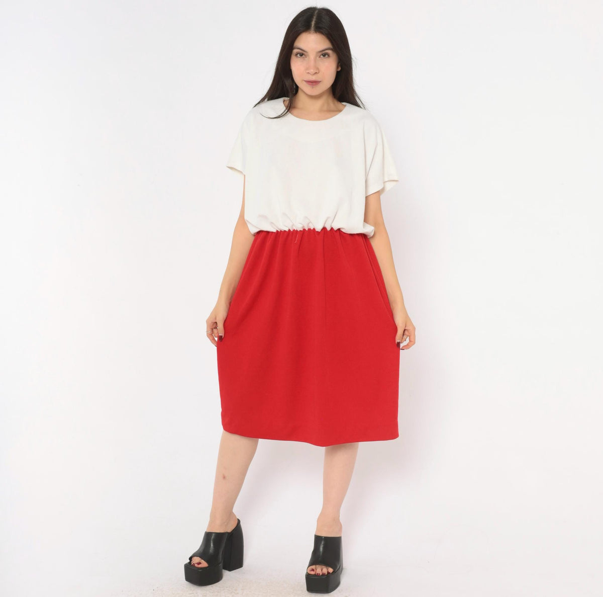 80s Leslie Fay Colorblock Dress White Red Gathered Waist Knee-Length Plus Size 1X