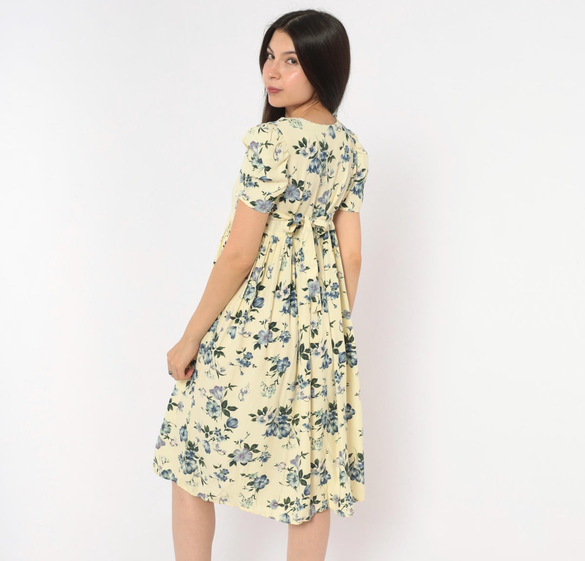 90s Swat Floral Babydoll Dress Cream Blue Puff Sleeve Lace Collar Extra Small XS
