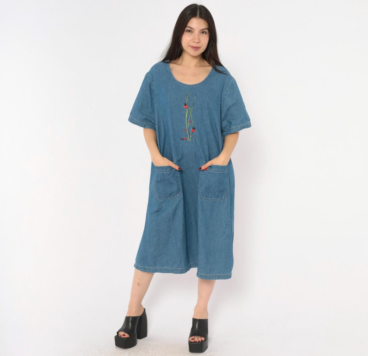 90s Blair Ladybug Embroidered Denim Shift Dress Blue Knee-Length Extra Large