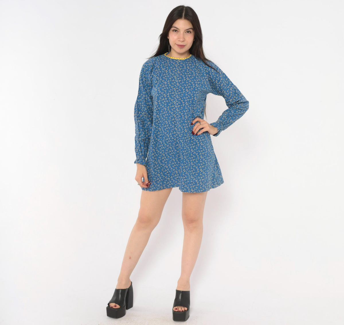 70s Ditsy Floral Cotton Mini Dress Blue Yellow Ric Rac Long Sleeve Extra Small XS