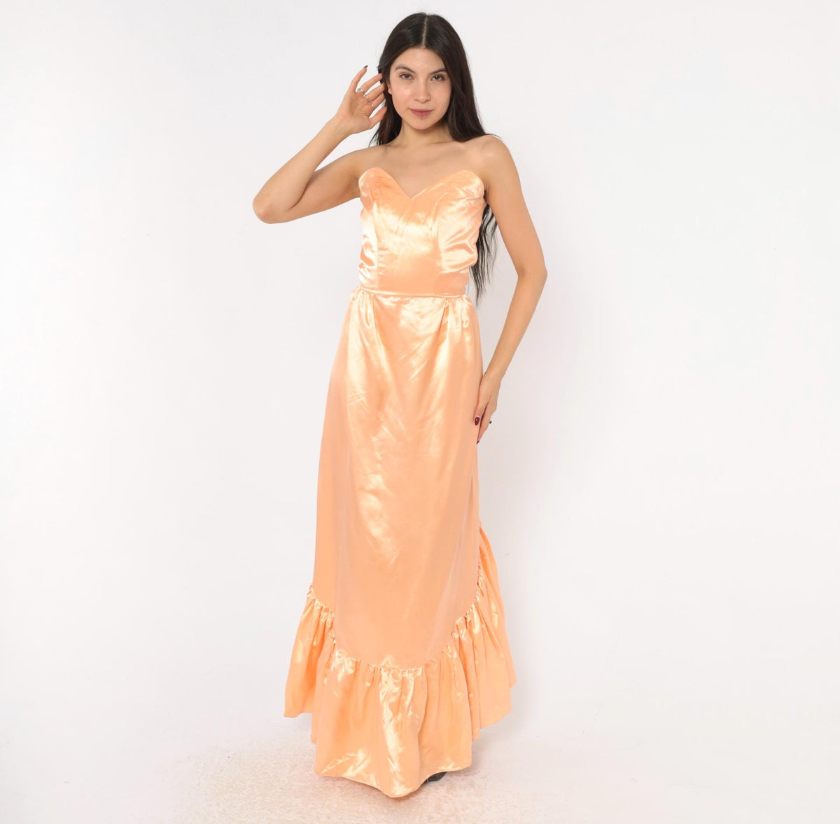 80s Peach Satin Strapless Maxi Gown Sweetheart Neckline Lace Bustle Small