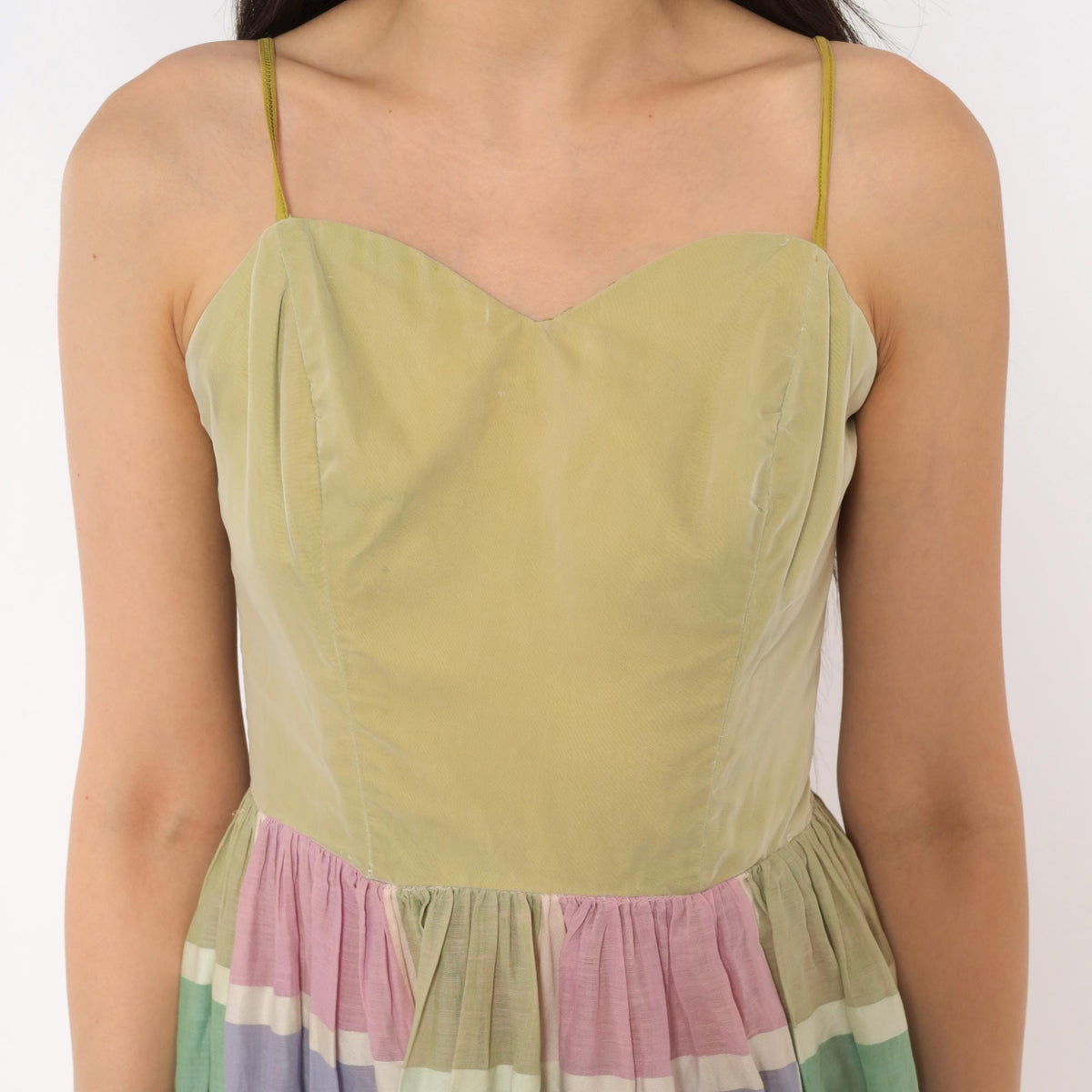 60s Pastel Plaid Sundress Sweetheart Neckline Gathered Skirt Cotton XS