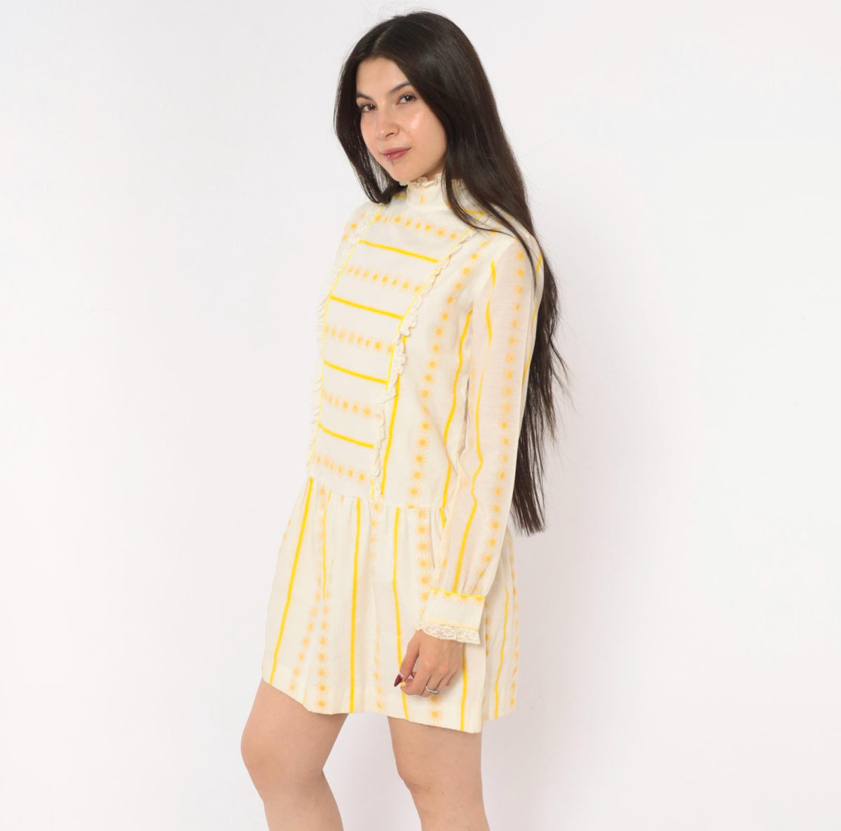 60s Miss Brent Daisy Stripe Mini Dress Yellow Cream Lace High Neck Long Sleeve Extra Small
