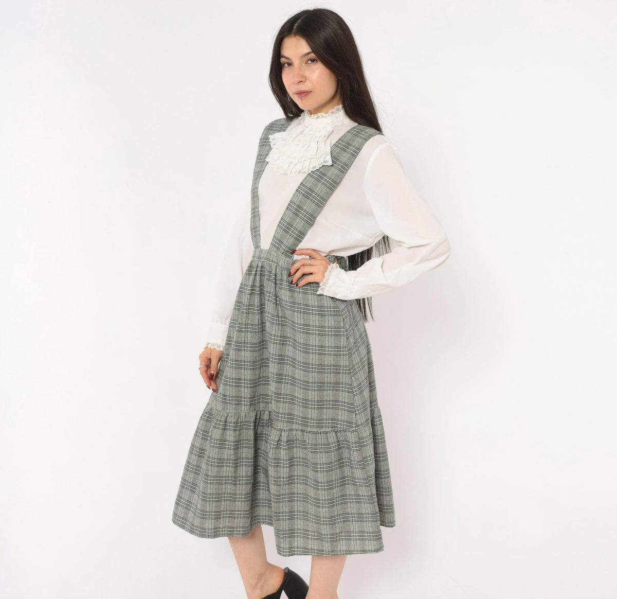 90s Grey Glen Plaid Pinafore Dress V-Neck Suspender Straps Tiered Ruffle Medium M