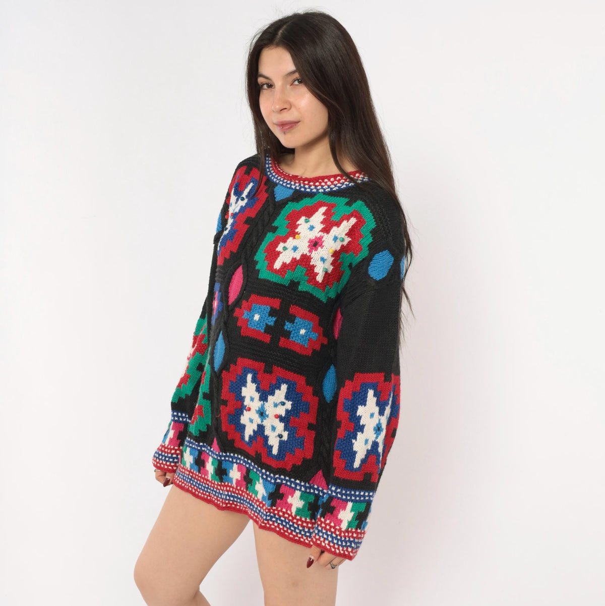 90s Hunter's Run Southwestern Patchwork Beaded Knit Pullover Black Small