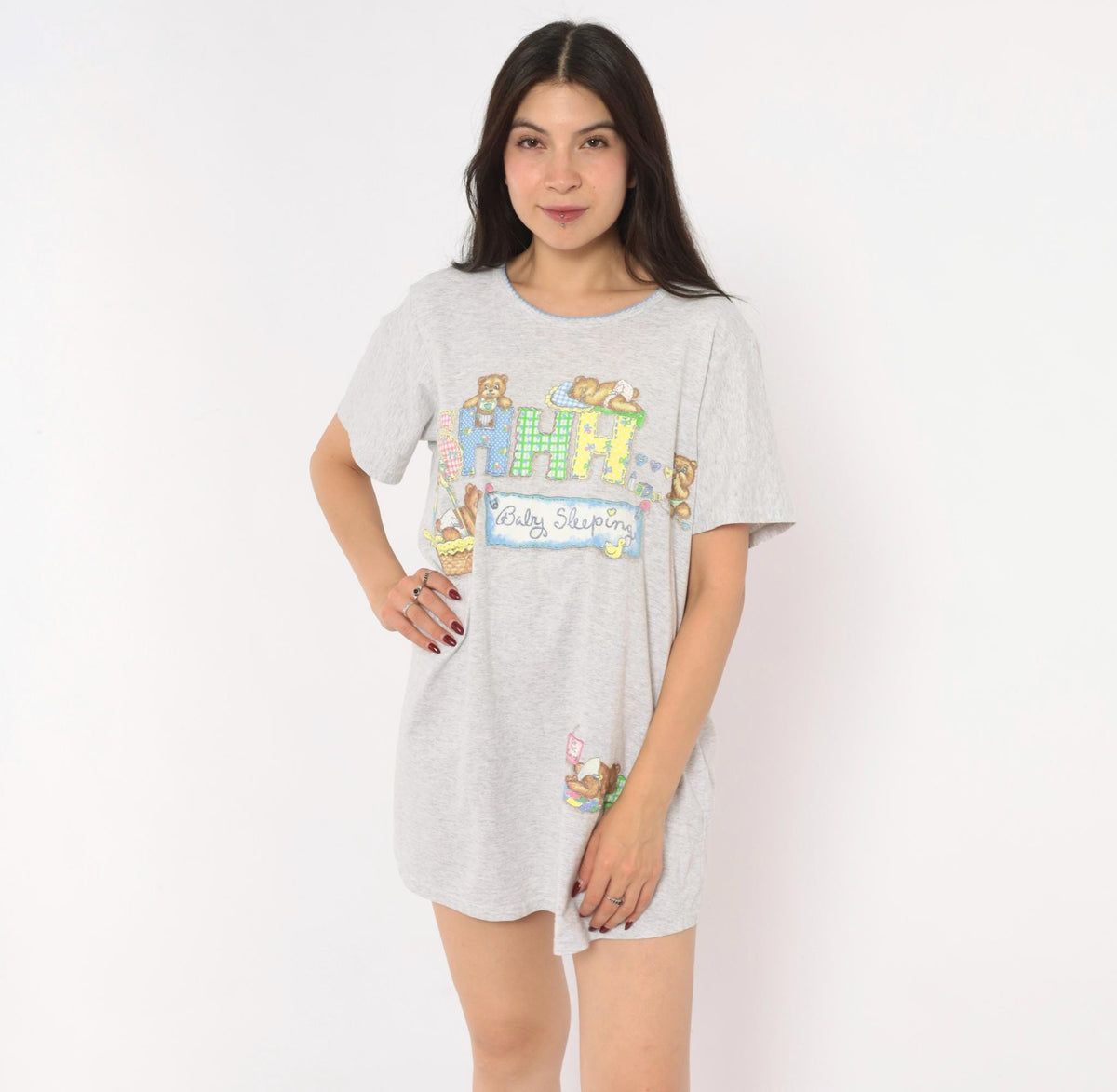90s New Addition Maternity Sleep Shirt Grey Teddy Bear Graphic Medium