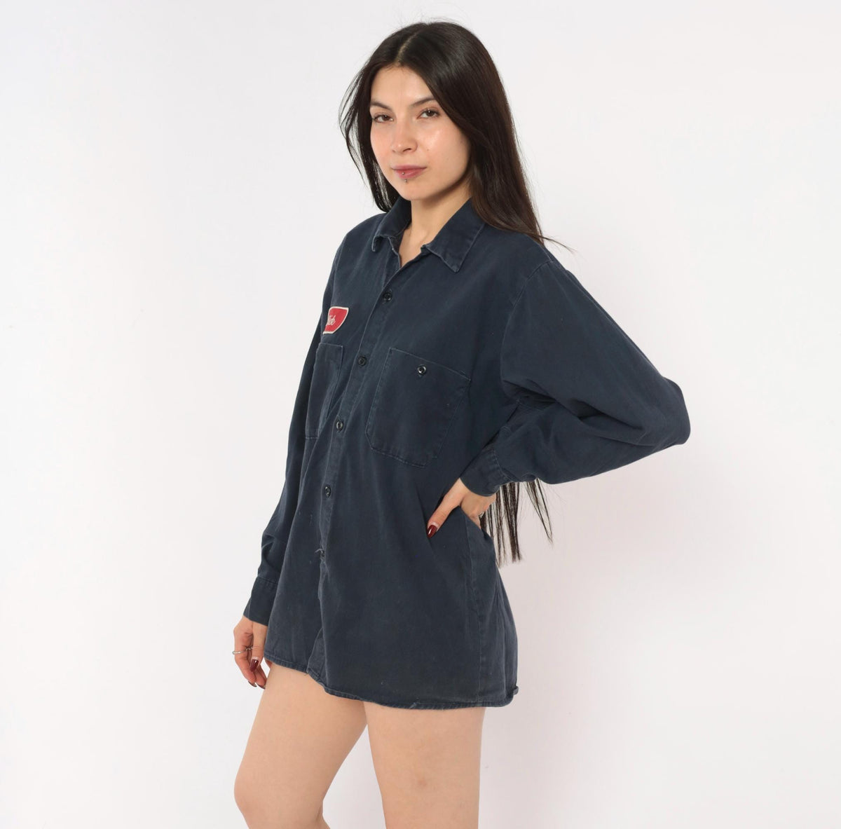 90s Cintas Navy Work Shirt Name Patch Button Front Medium