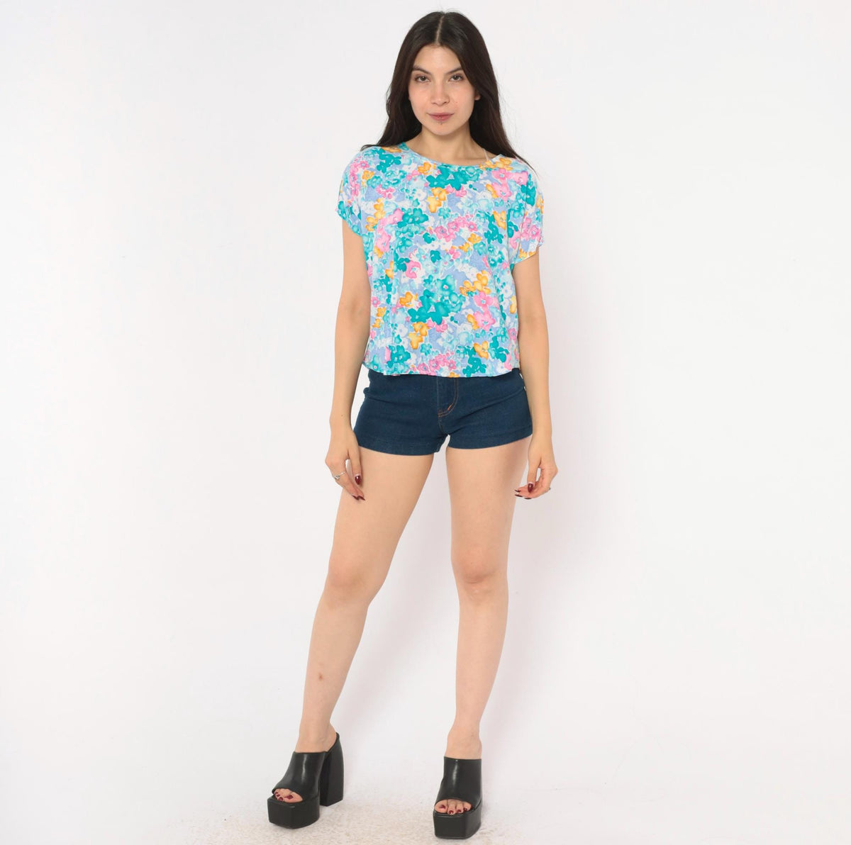 80s Watercolor Floral Crop Top Teal Pink Periwinkle Cap Sleeve Medium