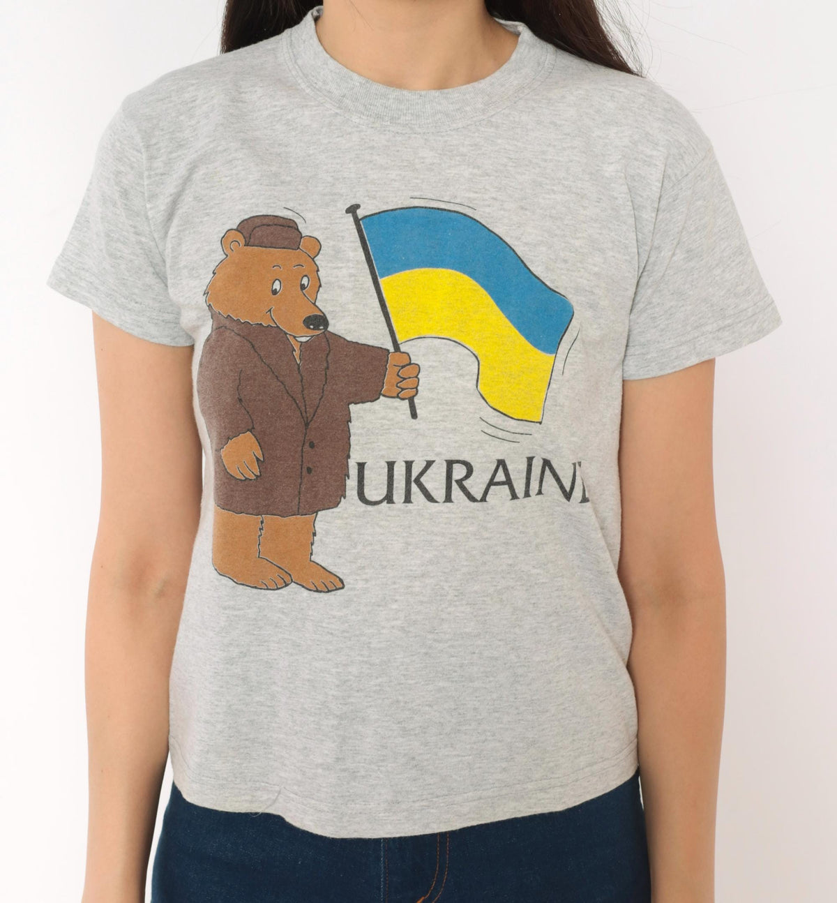 80s Screen Stars Ukraine Bear Graphic Baby Tee Grey Heather Extra Small XS