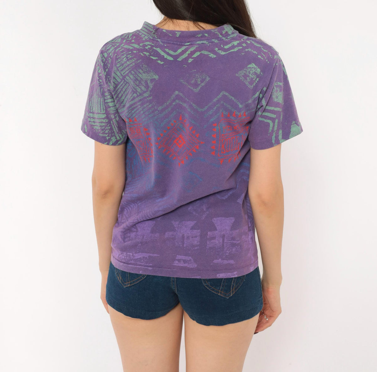 90s Morey Boogie All Over Print Tee Purple Teal Geometric Tribal Cotton XS