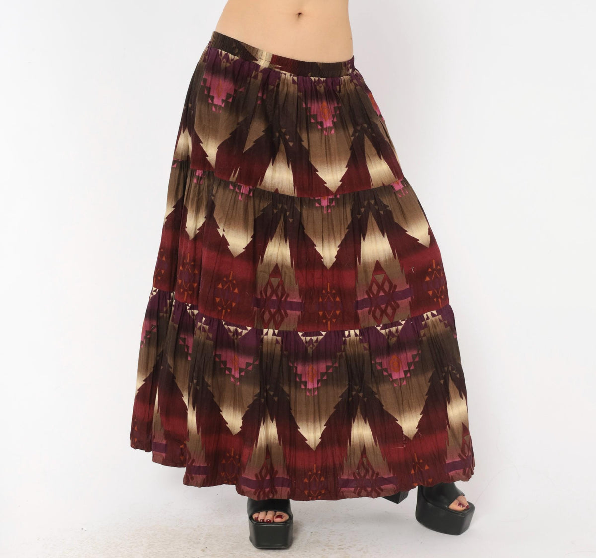 90s Circle T Southwestern Maxi Skirt Geometric Print Burgundy Cotton Medium