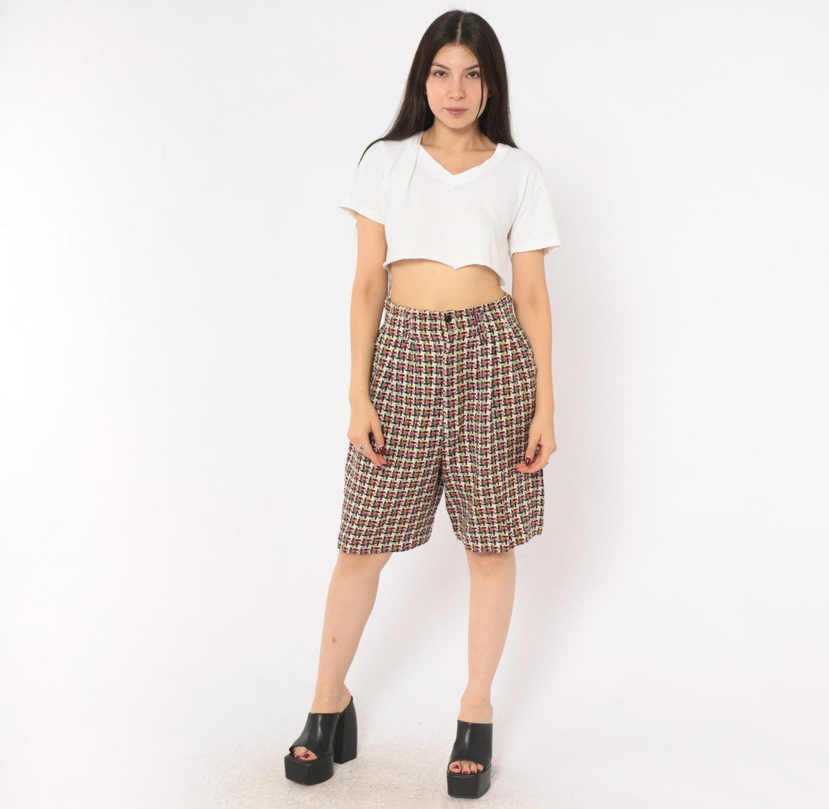 90s For Pete's Sake Houndstooth Pleated Bermuda Shorts Multicolor Linen Small