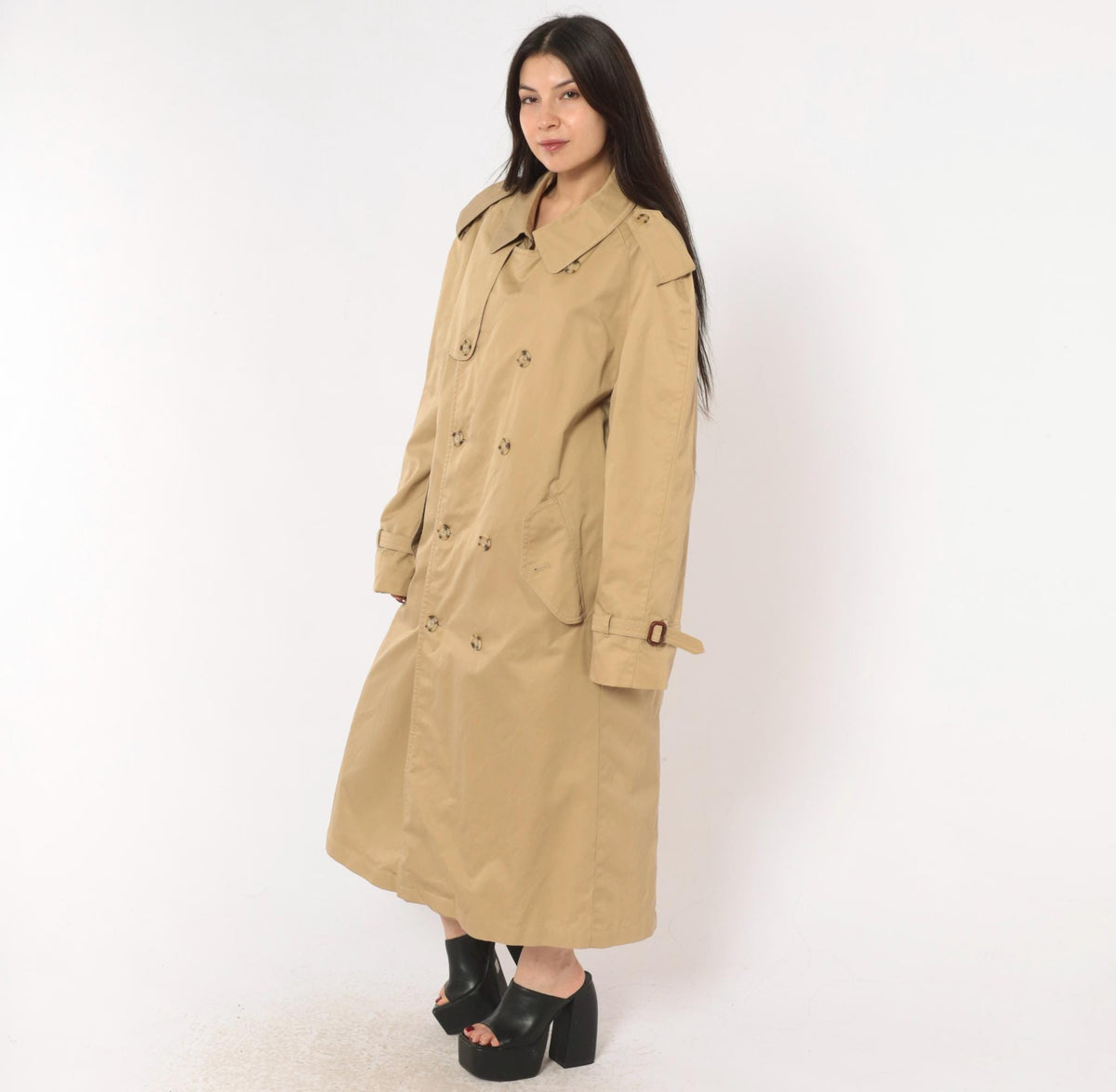 80s Tan Trench Coat Double Breasted Nova Check Lining Mens Medium