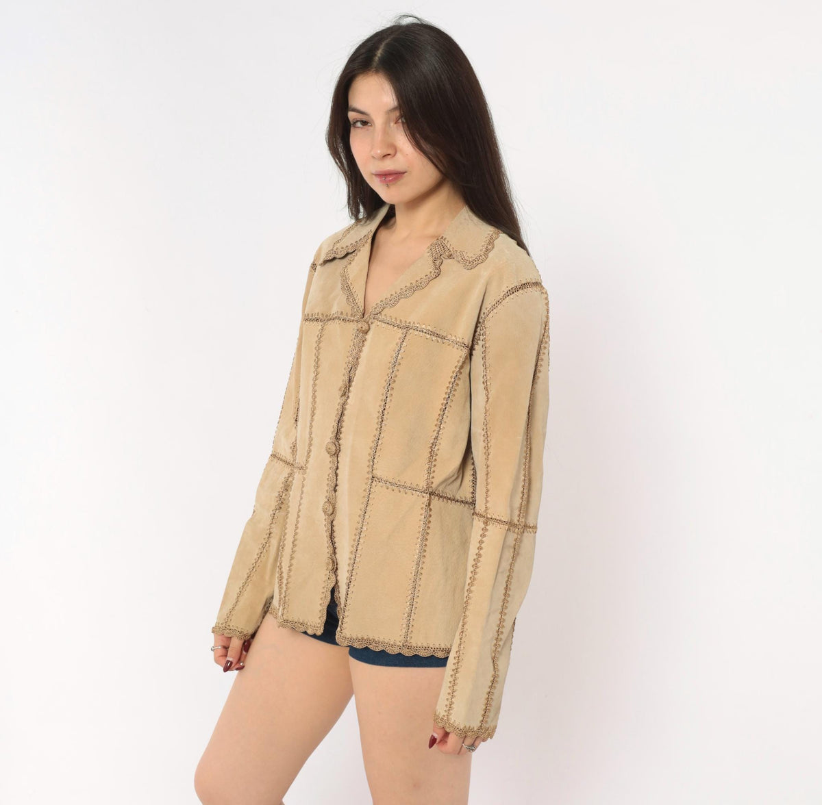 2000s Tan Suede Patchwork Jacket Crochet Trim Button Front Medium