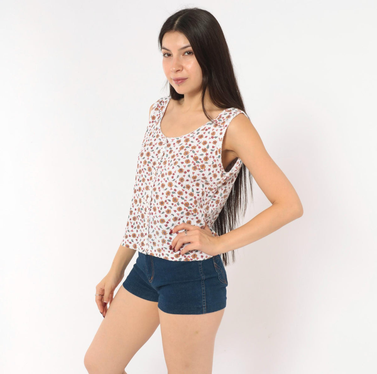 90s Denim Republic Floral Button Tank Sunflower Heart Print White Large L
