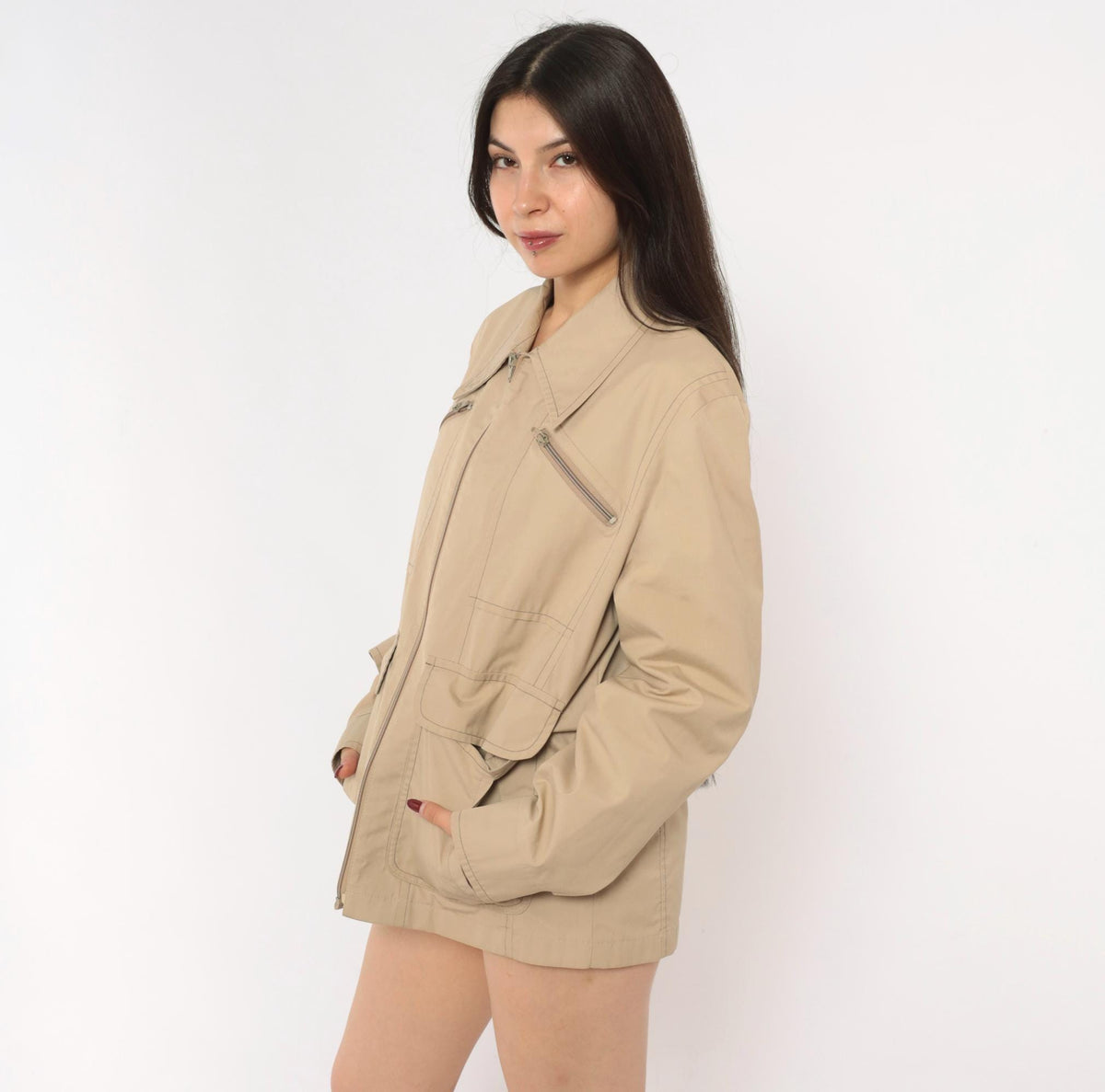 80s London Fog Tan Zip Jacket Utility Coat Multi Pocket Medium