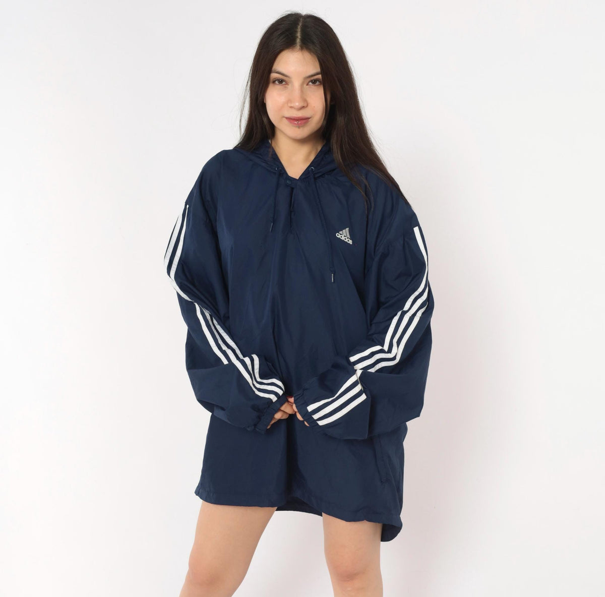 Y2K Adidas Navy Windbreaker Anorak Hooded Pullover White Stripe Extra Large XL