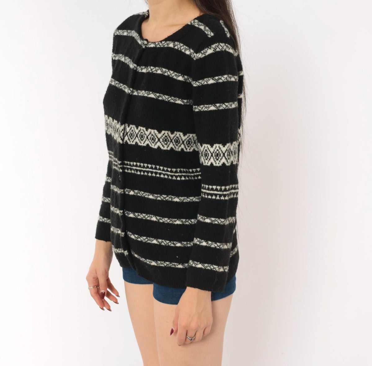 90s Moda International Fair Isle Cardigan Black White Wool Knit Medium M