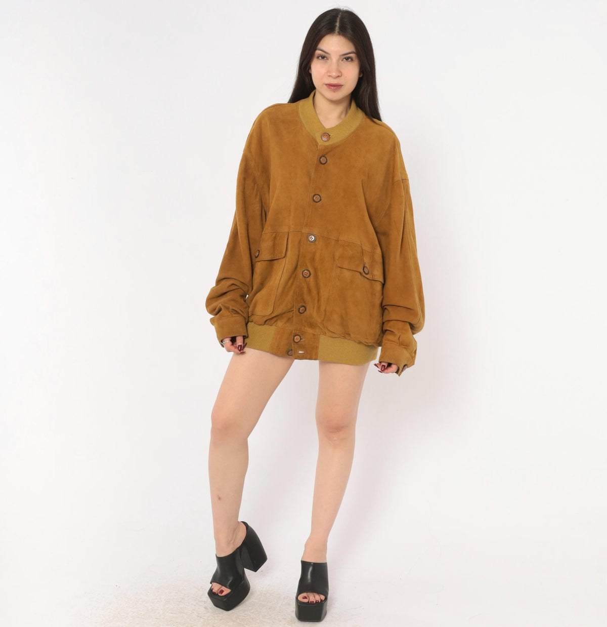 80s Rely Mustard Suede Bomber Jacket Knit Collar Button Front Medium