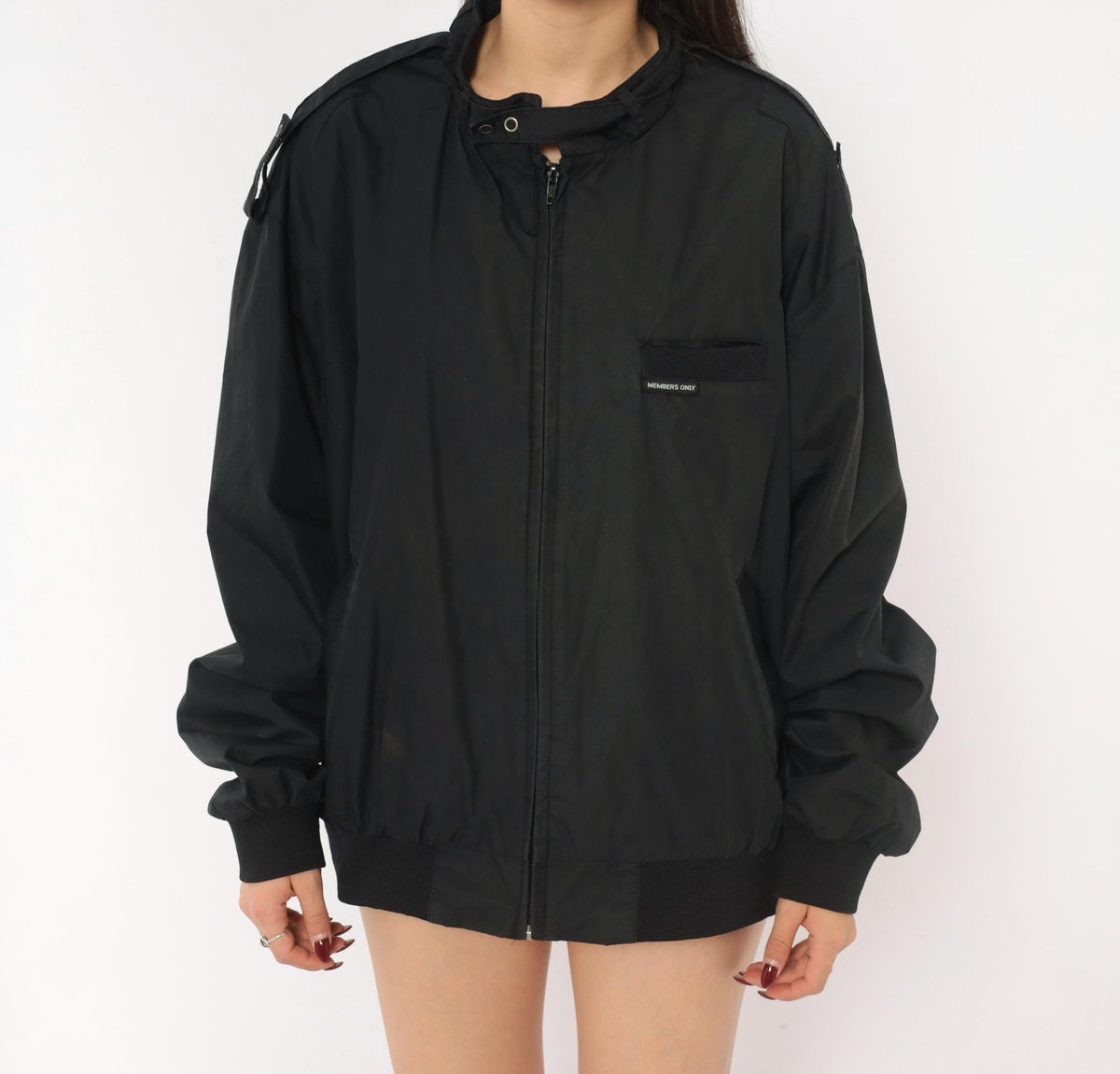 90s Members Only Bomber Jacket Black Nylon Stand Collar Extra Large XL