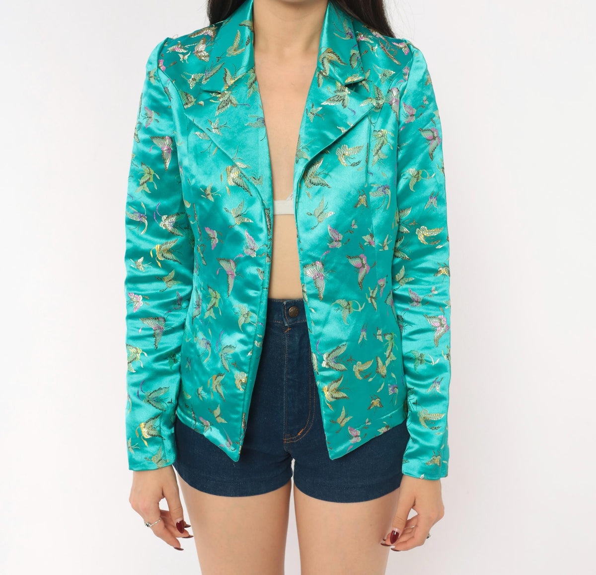 90s Teal Satin Brocade Blazer Butterfly Bird Embroidered XS