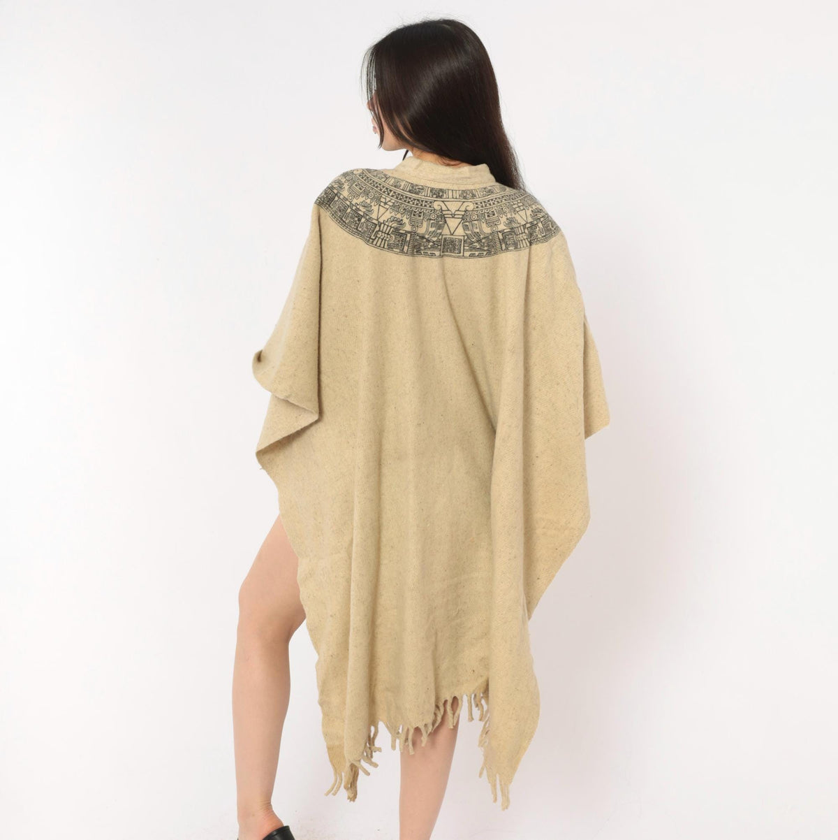90s Aztec Calendar Wool Blend Poncho Cream Mandarin Collar Fringe Hem