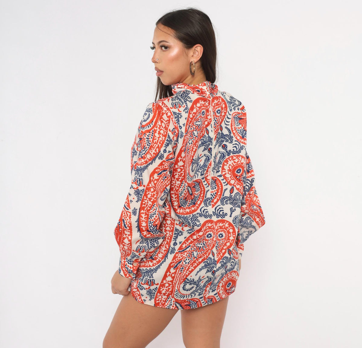 70s Paisley Mock Neck Blouse Red Navy Bishop Sleeve Tunic Medium M