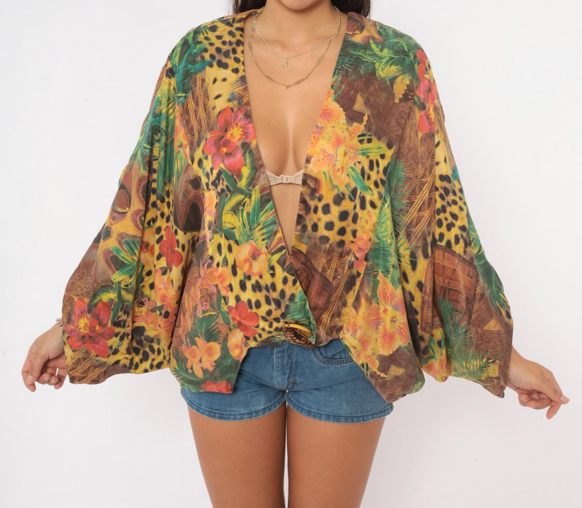 90s Silk Kimono Jacket Tropical Leopard Print Yellow Green Small