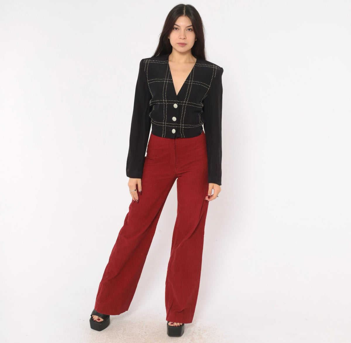 90s Karen Kane Cropped Blazer Black White Grid Stitch V-Neck Extra Small XS