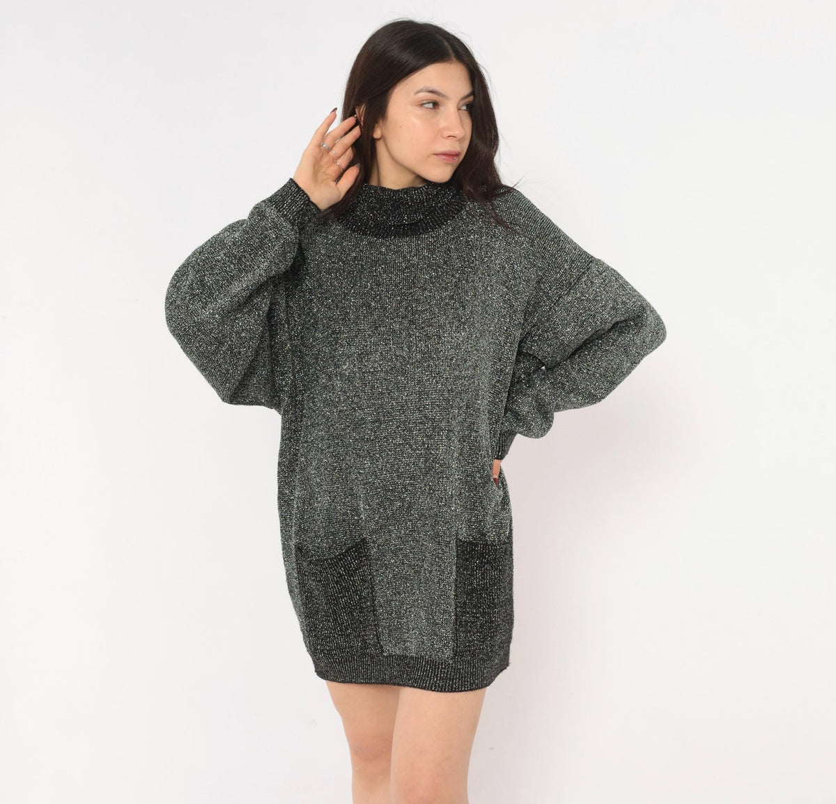 80s Black Silver Lurex Knit Mini Dress Cowl Turtleneck Balloon Sleeve Medium
